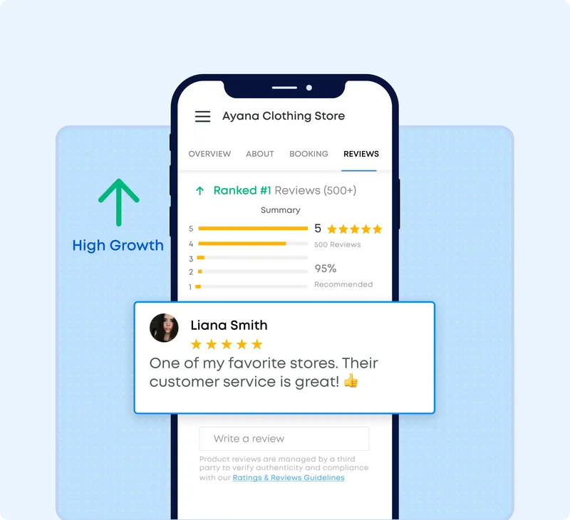 Growth chart and five-star review showing video SEO impact on rankings