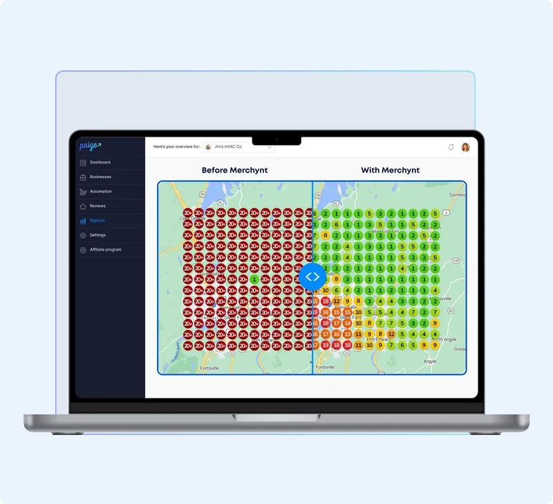 Laptop showing before and after Google Maps ranking heatmap with red zones turning green